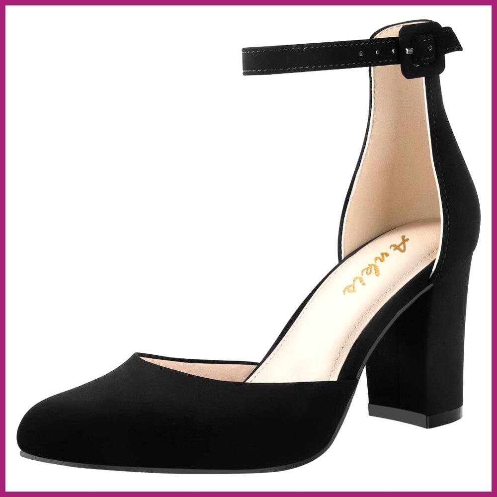 Closed Toe Heels with Block Heel, Adjustable Ankle Strap, Non-Slip Sole